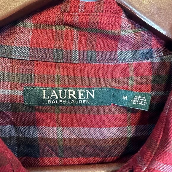 Women's Ralph Lauren Medium Tunic Button Up Top Red Plaid Viscose Flannel Shirt - Picture 10 of 11